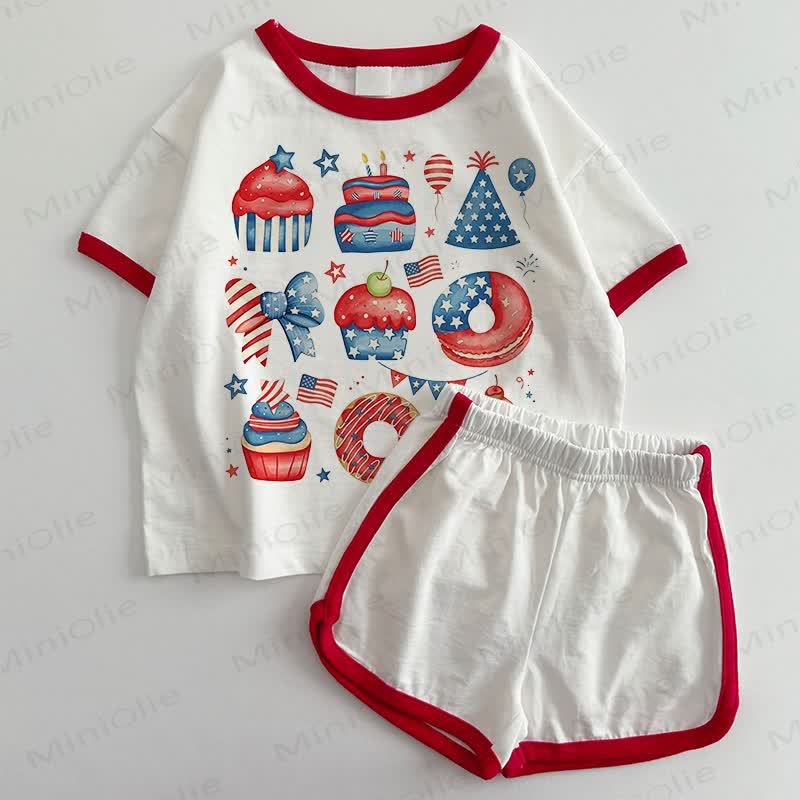 Baby Unabhängigkeitstag -Kuchen-T-Shirt und Shorts 2-teiliges Set - Weiß & Rot - 3-5J - image 1