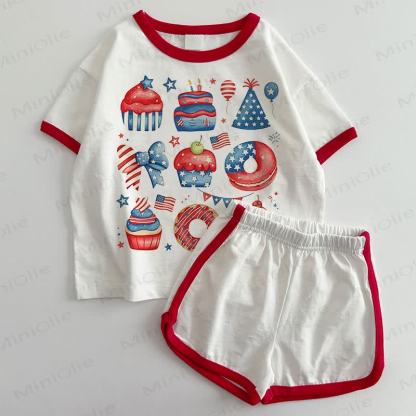 Baby Unabhängigkeitstag -Kuchen-T-Shirt und Shorts 2-teiliges Set - Weiß & Rot - 3-5J - image 1
