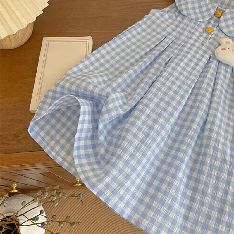 Ärmelloses Kleid für Kleinkindermädchen in Blau mit Gingham und Hase - image 4