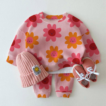 Baby Lächelnd Blume Rosa Waffel 2-teiliges Set - Rosa - 3-5J - image 1