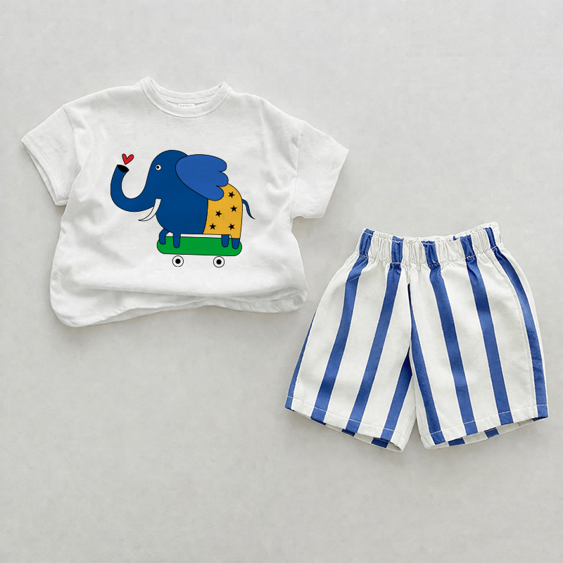 Baby Skateboarding Elefant Blau Vertikal Streifen 2-teiliges Shorts Set - Weiß & Blau - 2-3J - image 1