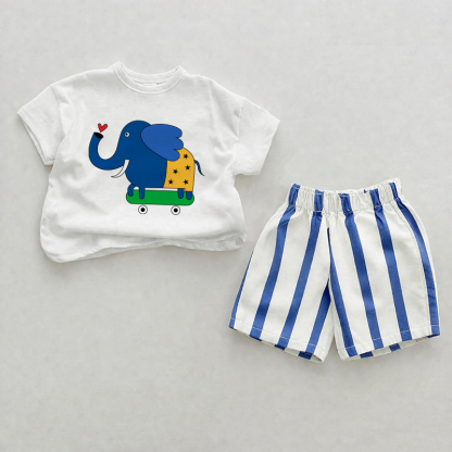 Baby Skateboarding Elefant Blau Vertikal Streifen 2-teiliges Shorts Set - Weiß & Blau - 2-3J - image 1