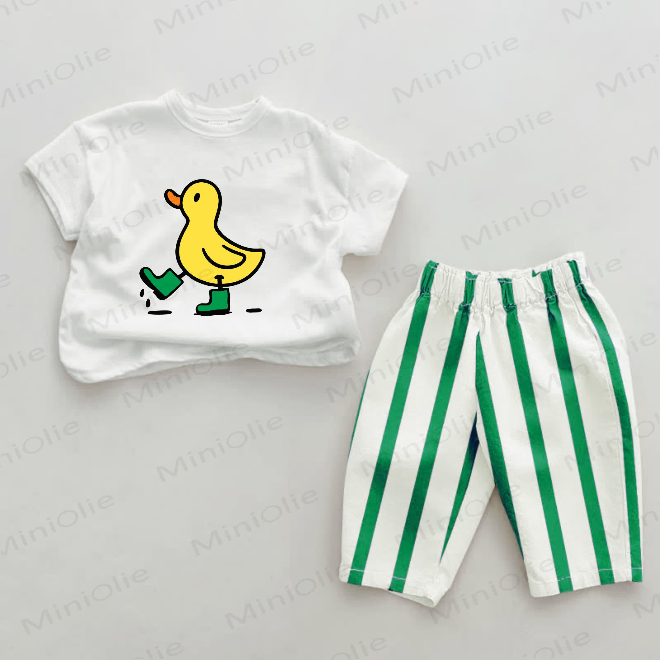 2-teiliges Set mit grünem Streifen und Baby Ente -Print - Grün & Weiß - 2-3J - image 1