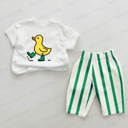 2-teiliges Set mit grünem Streifen und Baby Ente -Print - Grün & Weiß - 2-3J - image 1