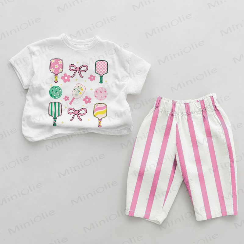 Pickleball- Set für Baby Mädchen, Rosa , vertikal Streifen, 2-teilig - Weiß & Rosa - 2-3J - image 1