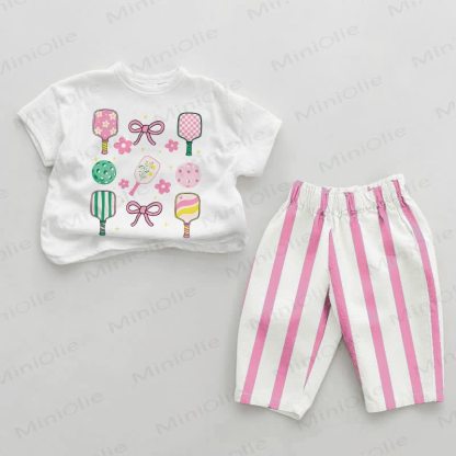 Pickleball- Set für Baby Mädchen, Rosa , vertikal Streifen, 2-teilig - Weiß & Rosa - 2-3J - image 1