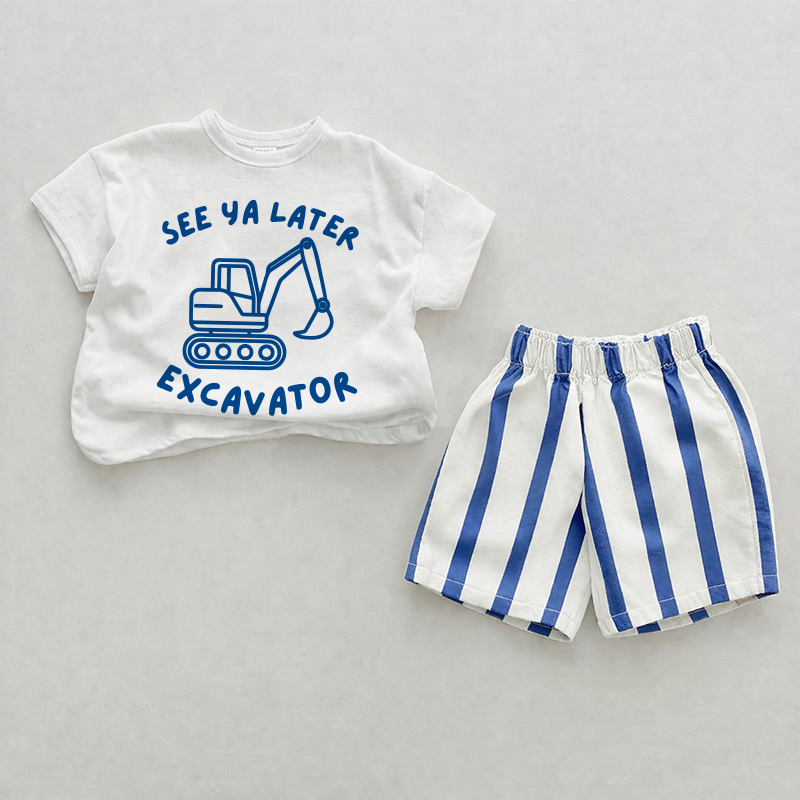 Bis SEE YA LATER EXCAVATOR! Baby , vertikal Streifen 2-teiliges Shorts Set - Weiß & Blau - 2-3J - image 1