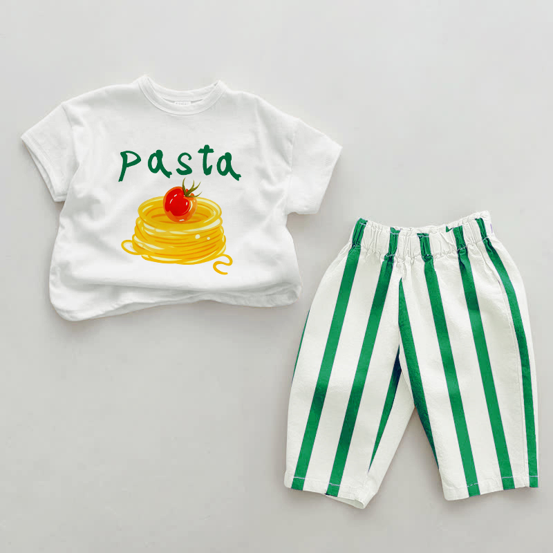 PASTA Baby Slogan Grün Vertikal Streifen 2-teiliges Set - Weiß & Grün - 2-3J - image 1