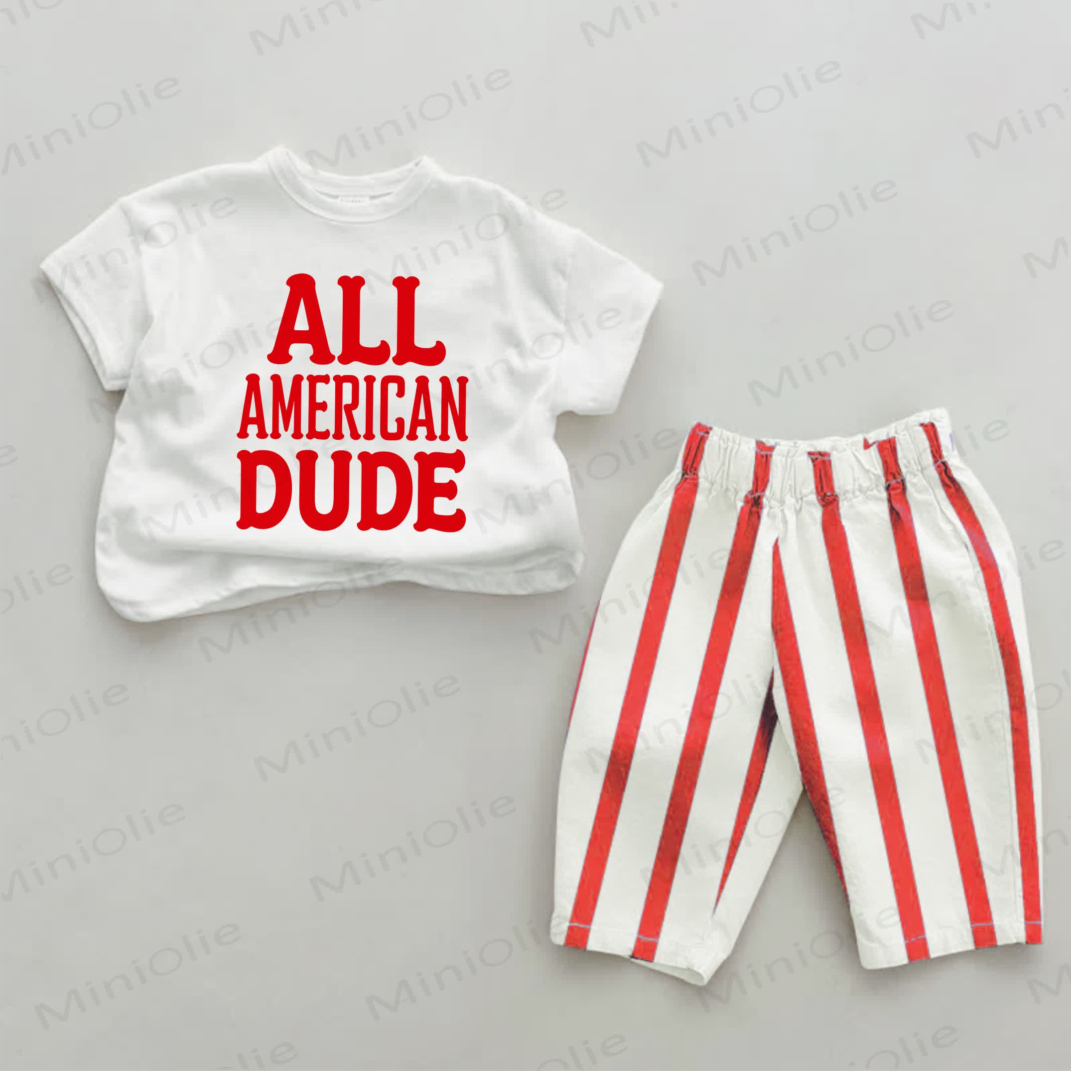 ALL AMERICAN DUDE Baby Slogan Print Rot Streifen 2-teiliges Set - Weiß & Rot - 2-3J - image 1