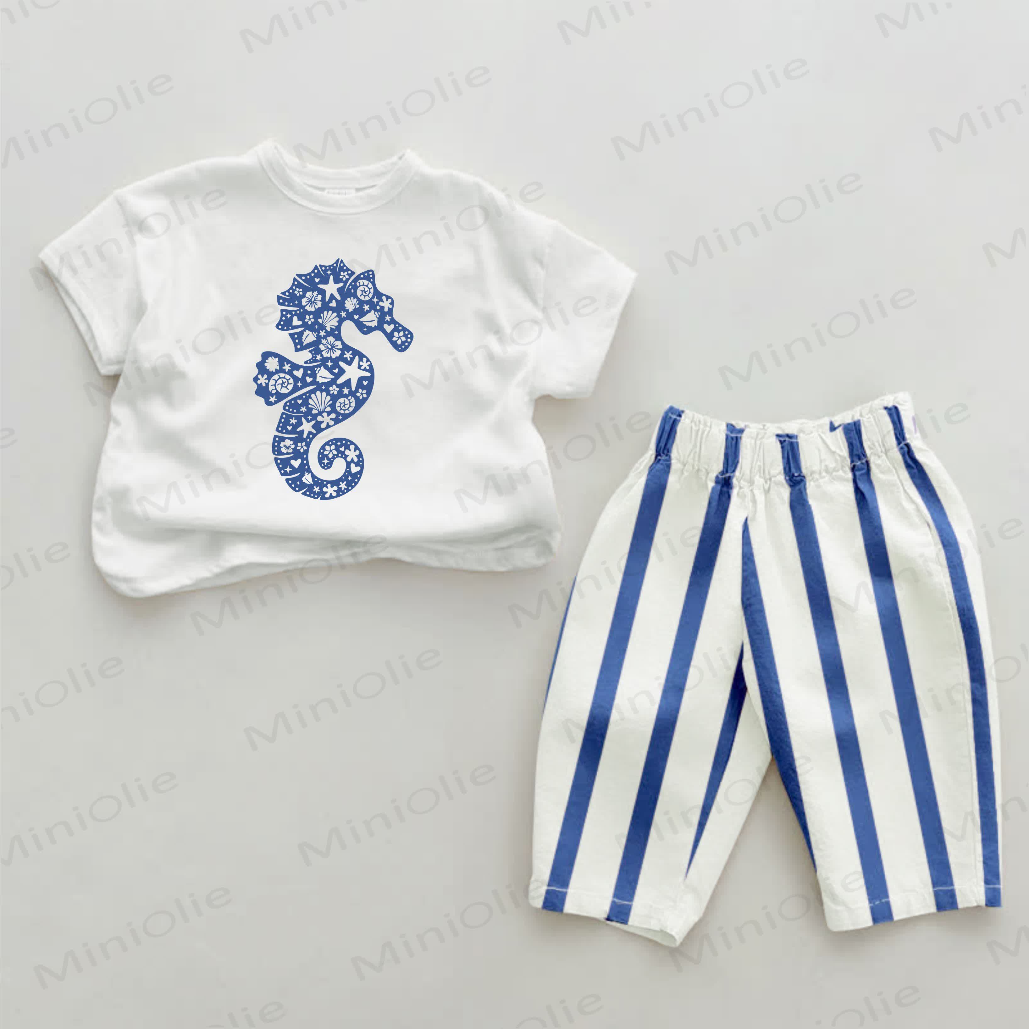 Baby Seepferdchen-Print, Blau vertikal Streifen 2-teiliges Set - Weiß & Blau - 2-3J - image 1