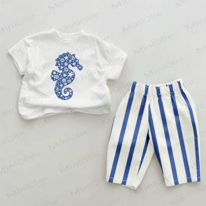 Baby Seepferdchen-Print, Blau vertikal Streifen 2-teiliges Set - Weiß & Blau - 2-3J - image 1
