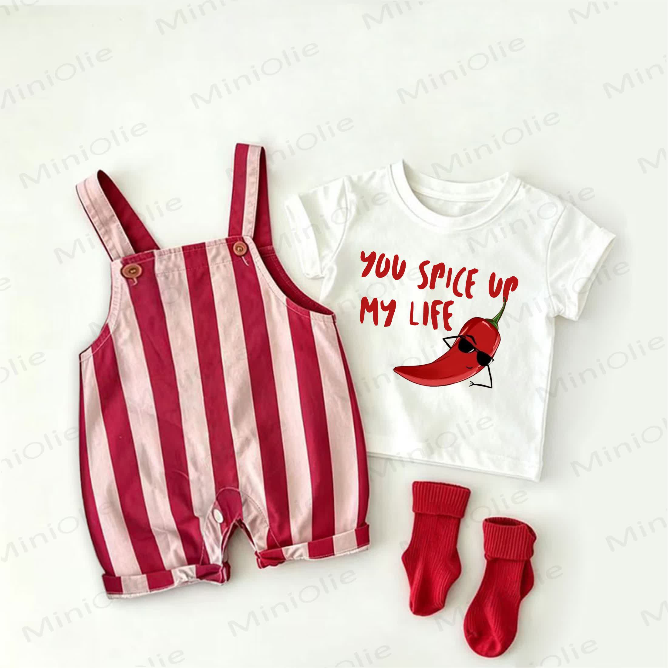 YOU SPICE UP MY LIFE Baby Chili Print Red Stripe Overalls and White T-Stück 2-piece Set - Weiß & Rot - 2-3J - image 1