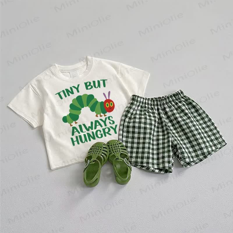 2-teiliges Set „Baby , TINY BUT ALWAYS HUNGRY“: T-Stück und Shorts - Weiß & Grün - 3-5J - image 1
