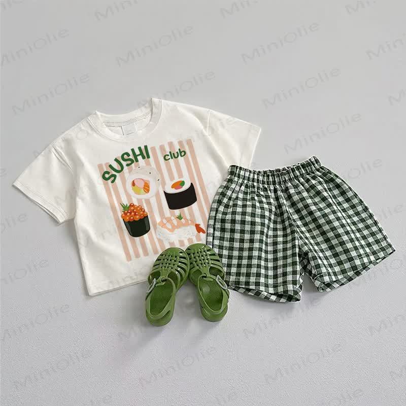 SUSHI CLUB Baby T-Stück und Plaid Shorts 2-teiliges Set - Weiß & Grün - 3-5J - image 1