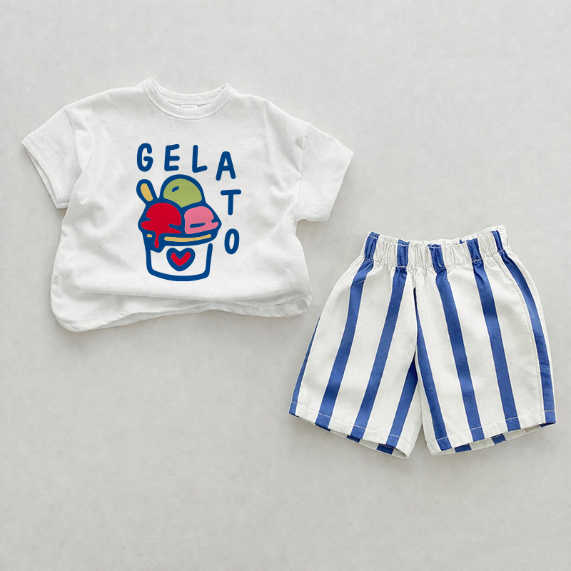 GELATO Baby Print Blau Vertikal Streifen 2-teiliges Shorts Set - Weiß & Blau - 2-3J - image 1