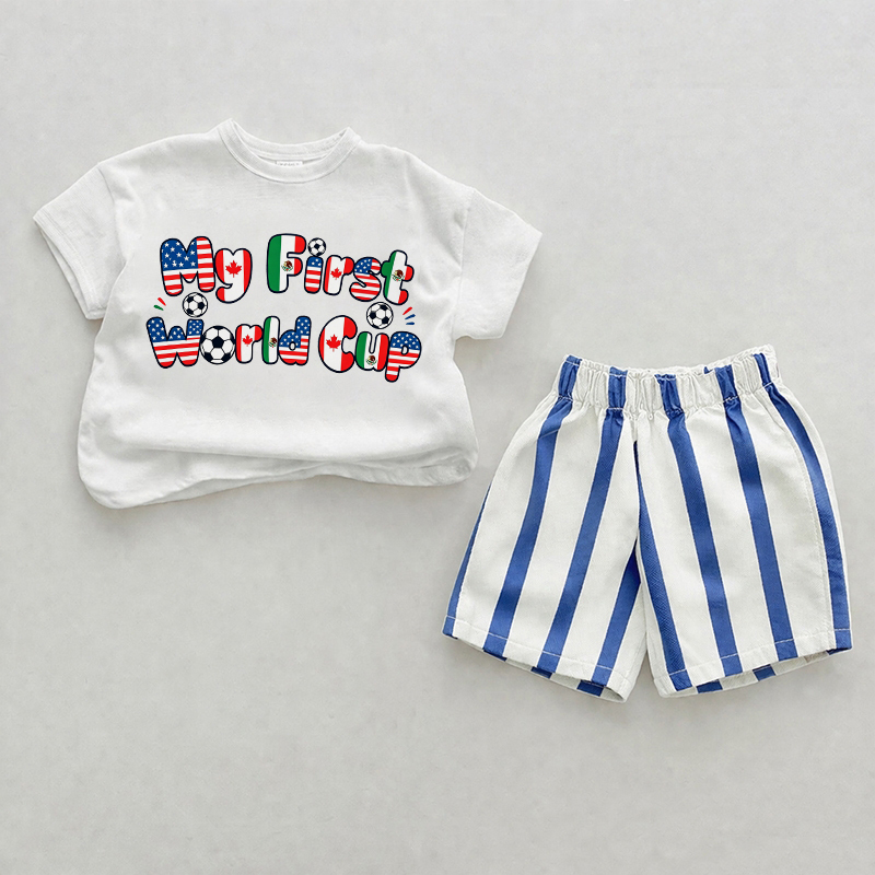 MY FIRST WORLD CUP Baby , vertikal Streifen 2-teiliges Shorts Set mit Slogan - Weiß & Blau - 2-3J - image 1