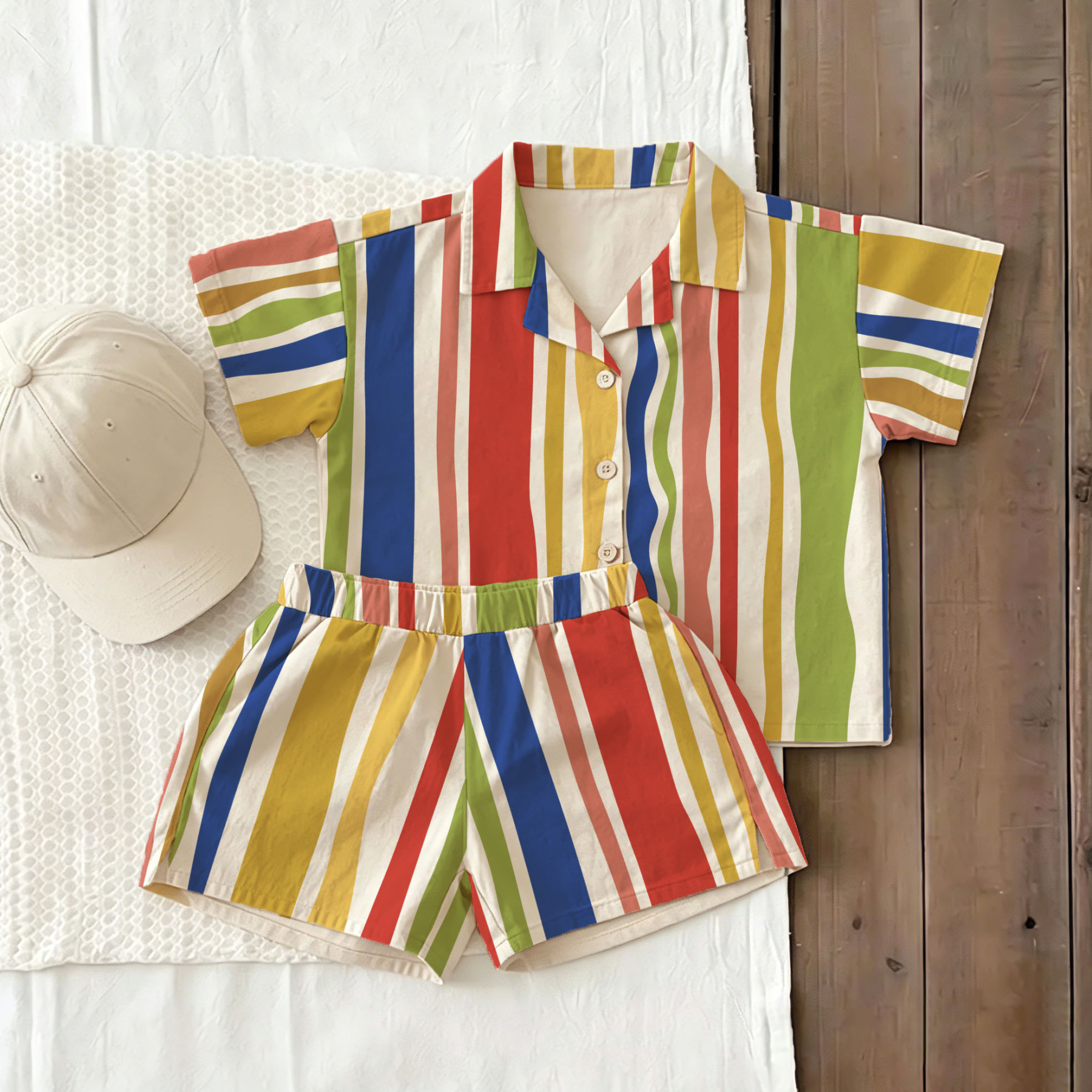 Zweiteiliges Set aus Bunt gestreiftem Baby und Kleinkind -Shirt und Shorts - Weiß - 3-5J - image 1