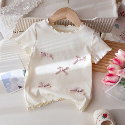 2-teiliges Set für Kleinkind : Weiß-rosa Schleife T-Stück und Gingham Hose - image 3