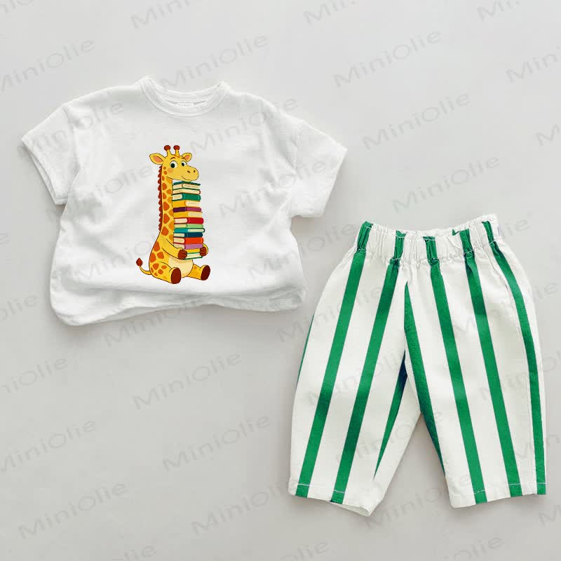 Baby Giraffe, grün vertikal Streifen 2-teiliges Set - Weiß & Grün - 2-3J - image 1