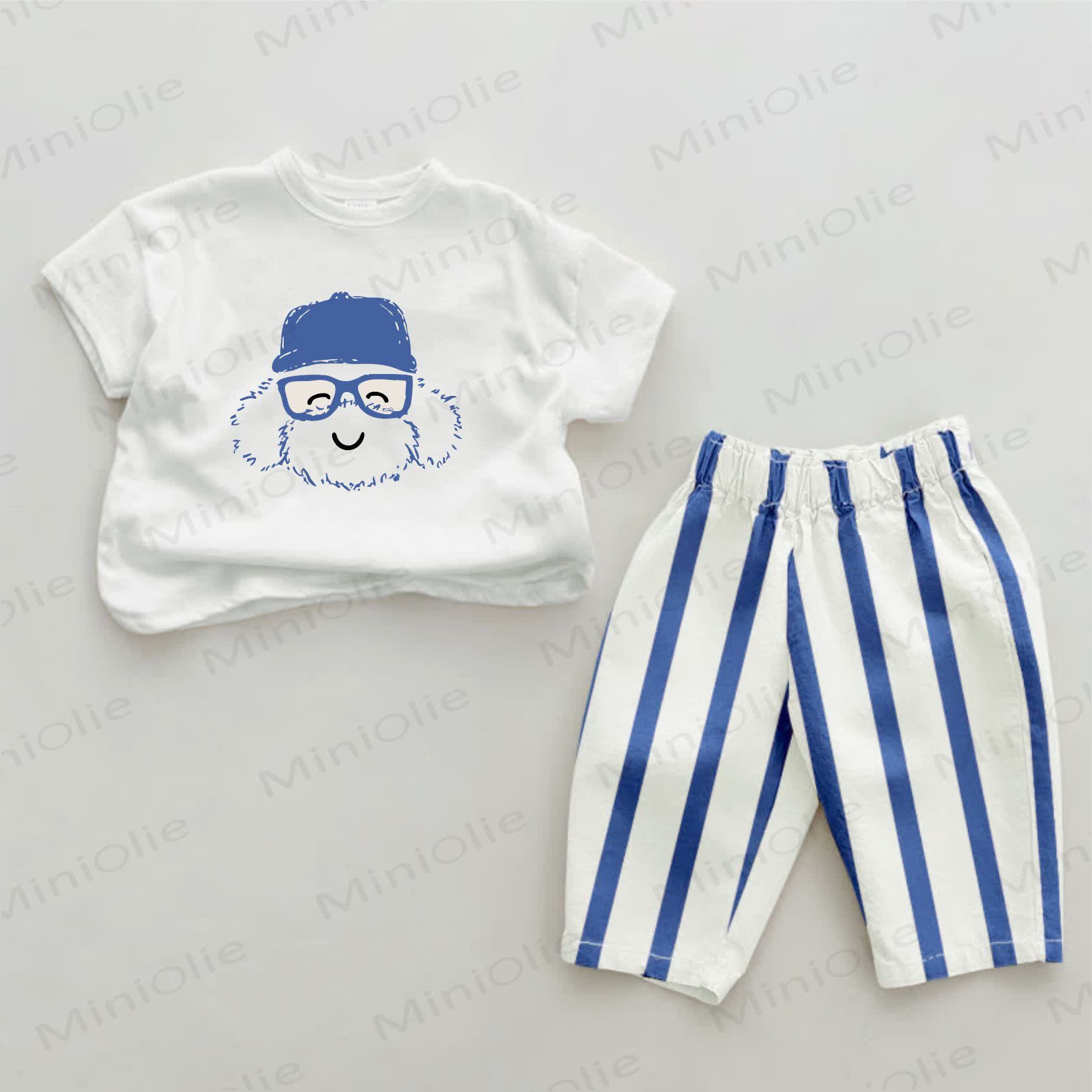 Baby Cartoon Blau Vertikal Streifen 2-teiliges Set - Weiß & Blau - 2-3J - image 1