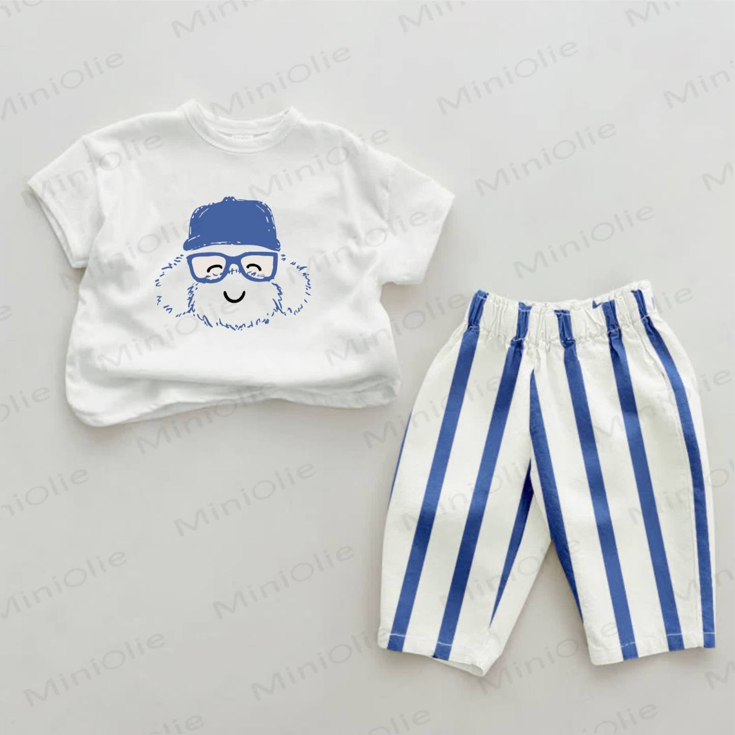 Baby Cartoon Blau Vertikal Streifen 2-teiliges Set - Weiß & Blau - 2-3J - image 1