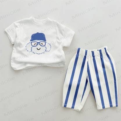 Baby Cartoon Blau Vertikal Streifen 2-teiliges Set - Weiß & Blau - 2-3J - image 1