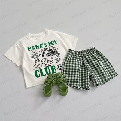 MAMA'S BOY CLUB Baby T-Stück und Plaid Shorts 2-teiliges Set - Weiß & Grün - 3-5J - image 1