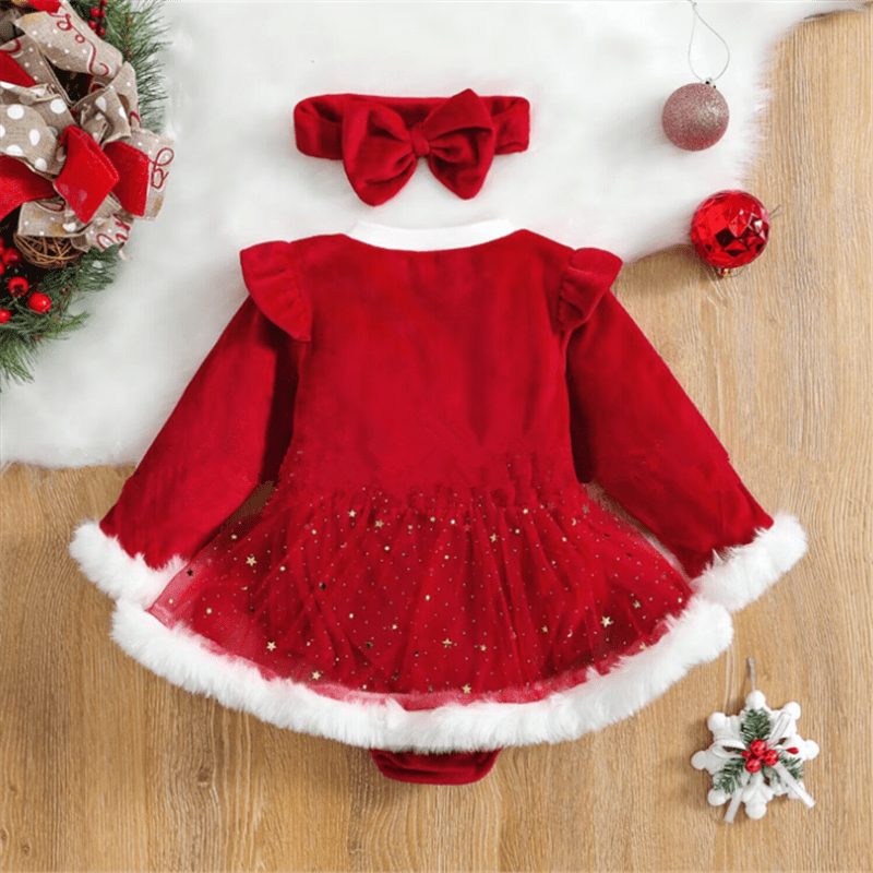 Roter Weihnachts-Body mit Rock und Stirnband für Babys