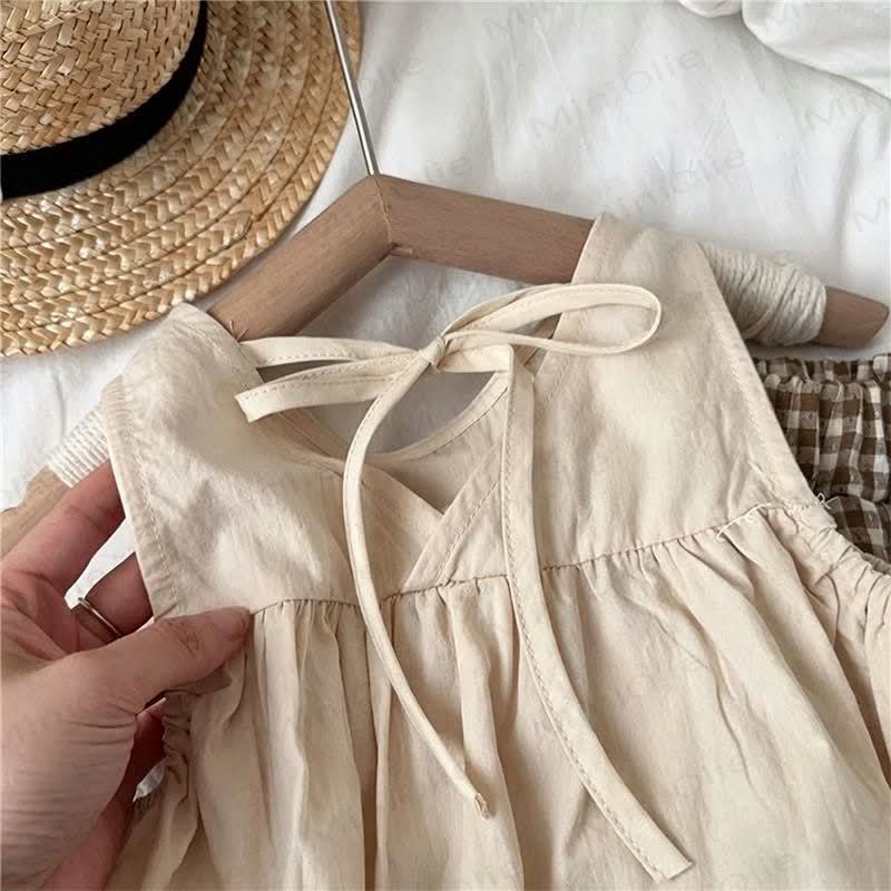 Set aus Baumwoll-Rüschen Tanktop und Plaid Hose für Kleinkind und Kinder-Mädchen - Beige Spitze - 10-11J - image 3