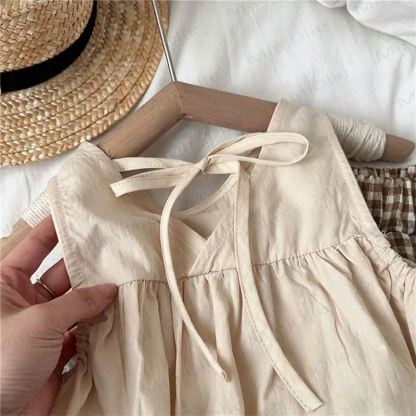 Set aus Baumwoll-Rüschen Tanktop und Plaid Hose für Kleinkind und Kinder-Mädchen - Beige Spitze - 10-11J - image 3