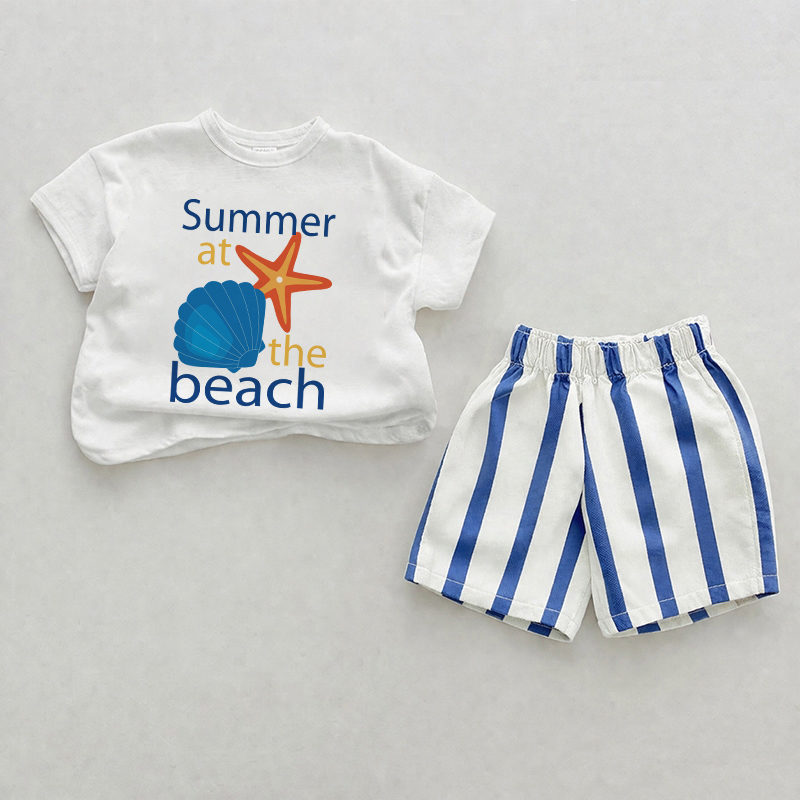 SUMMER AM BEACH Baby , vertikal Streifen 2-teiliges Shorts Set - Weiß & Blau - 2-3J - image 1