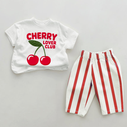 CHERRY LOVER CLUB Baby Slogan , rot-vertikal Streifen 2-teiliges Set - Weiß & Rot - 2-3J - image 1