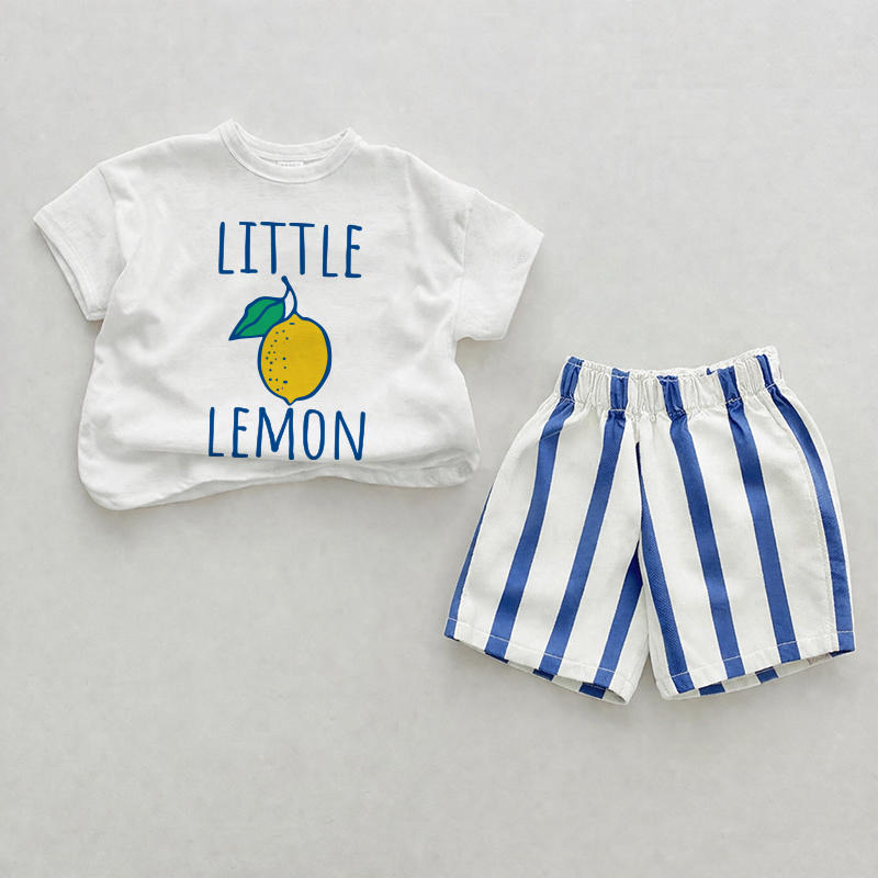 LITTLE LEMON Baby Slogan Blau Vertikal Streifen 2-teiliges Shorts Set - Weiß & Blau - 2-3J - image 1