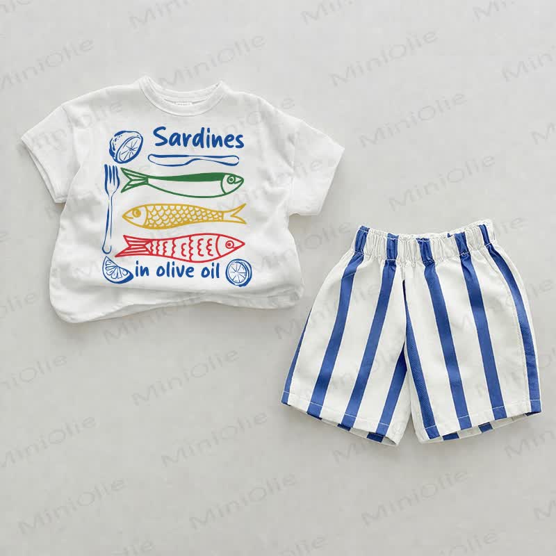 SARDINES IN OLIVE OIL Baby , vertikal Streifen 2-teiliges Shorts Set - Weiß & Blau - 2-3J - image 1