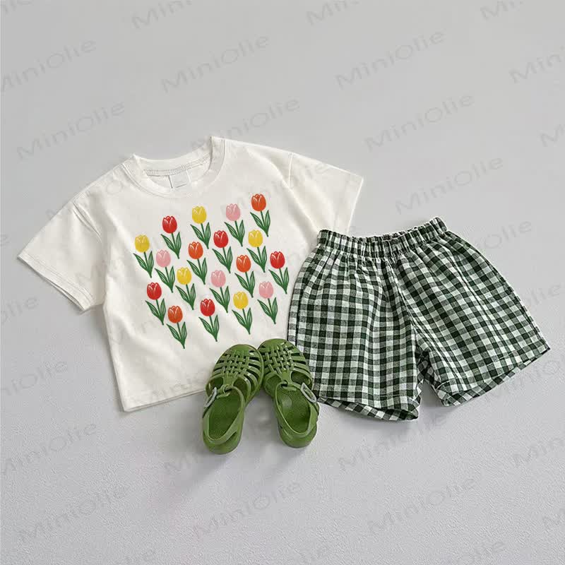 2-teiliges Set aus Baby Tulpen T-Stück und Plaid Shorts - Weiß & Grün - 3-5J - image 1