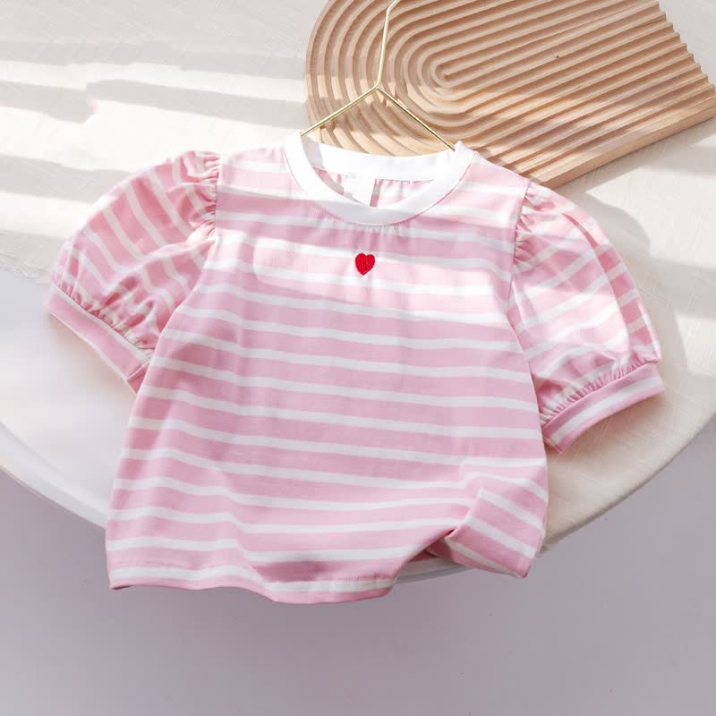 Zweiteiliges Set für Baby und Babys: Rosa Streifen Spitze und Rock mit Puffärmeln, Rosa Herz - image 3