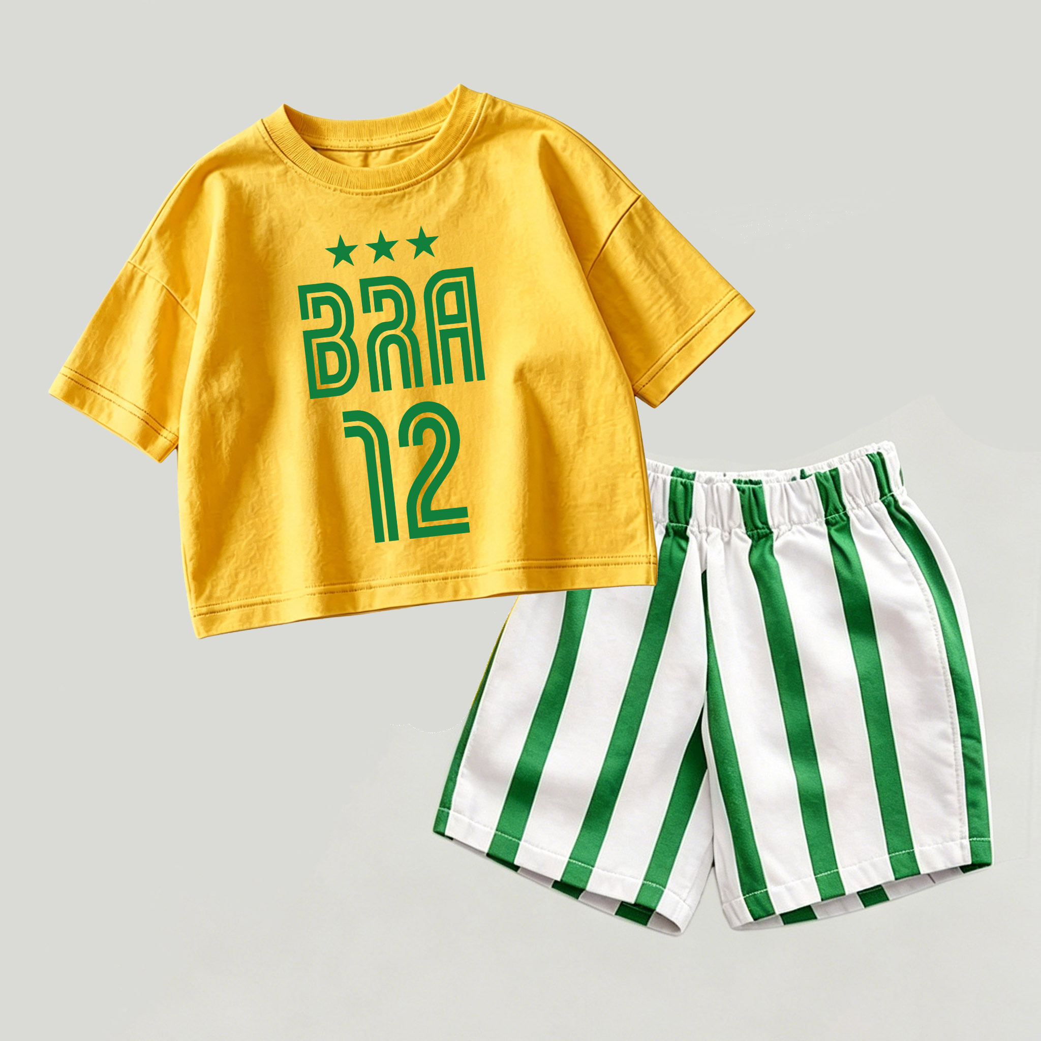 BRA 12 Baby Gelb-Grünes Fußball- Spitze und Streifen Shorts 2-teiliges Set - Gelb & Grün - 2-3J - image 1