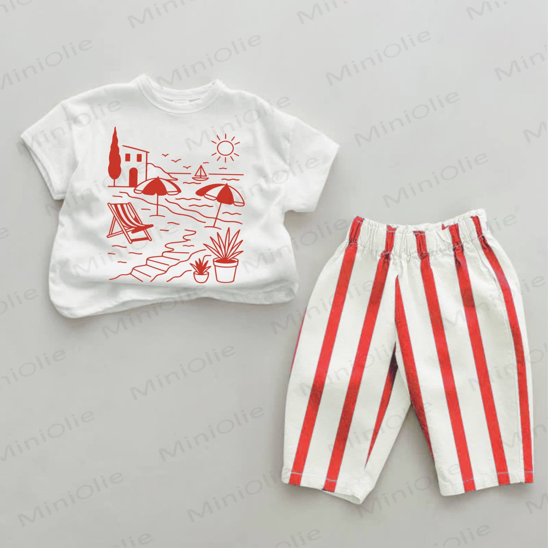 Baby -Strandurlaub-Print, rot Streifen 2-teiliges Set - Weiß & Rot - 2-3J - image 1