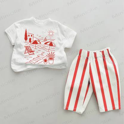 Baby -Strandurlaub-Print, rot Streifen 2-teiliges Set - Weiß & Rot - 2-3J - image 1