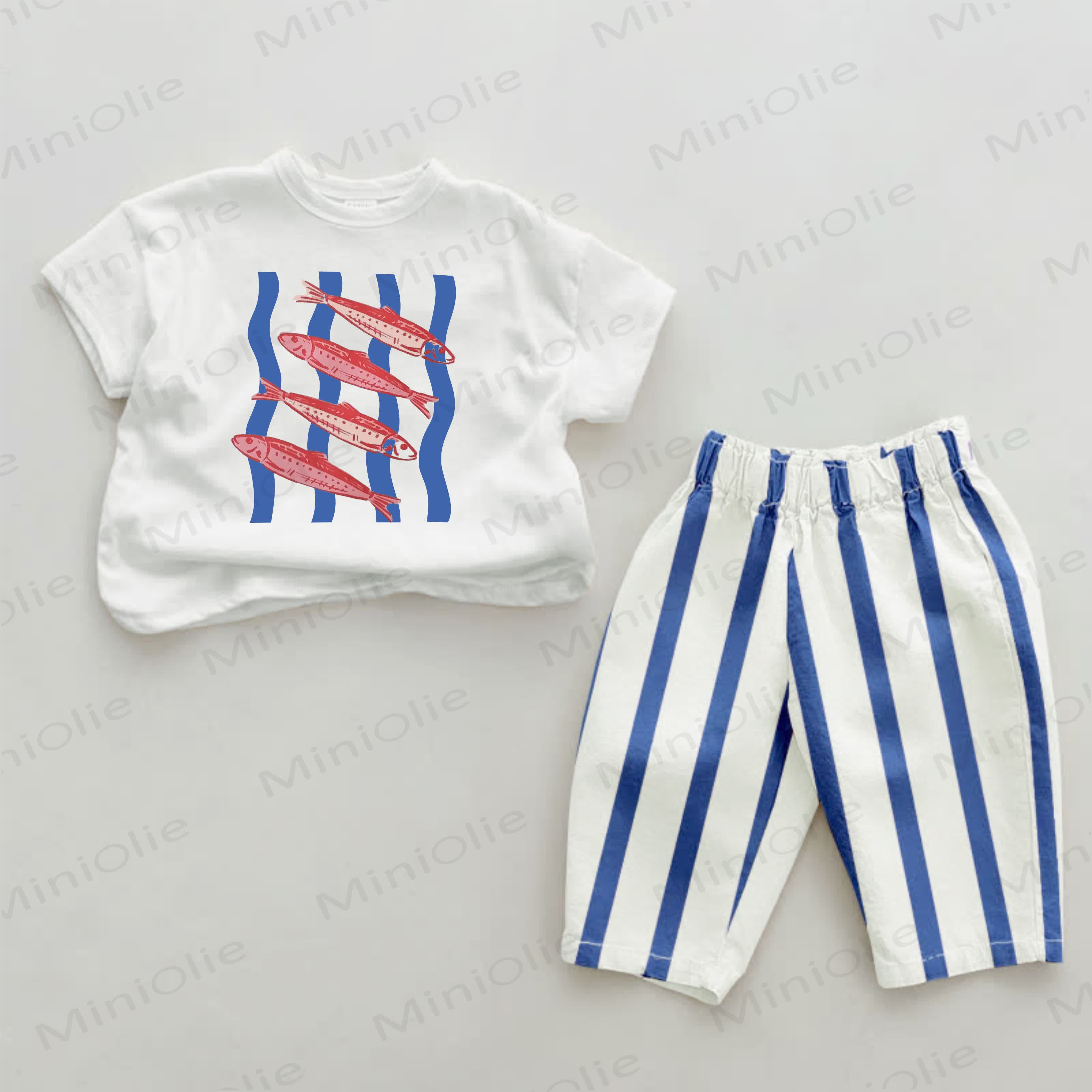 Baby Sardinenmuster Blau Vertikal Streifen 2-teiliges Set - Weiß & Blau - 2-3J - image 1