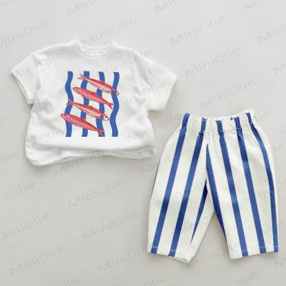 Baby Sardinenmuster Blau Vertikal Streifen 2-teiliges Set - Weiß & Blau - 2-3J - image 1