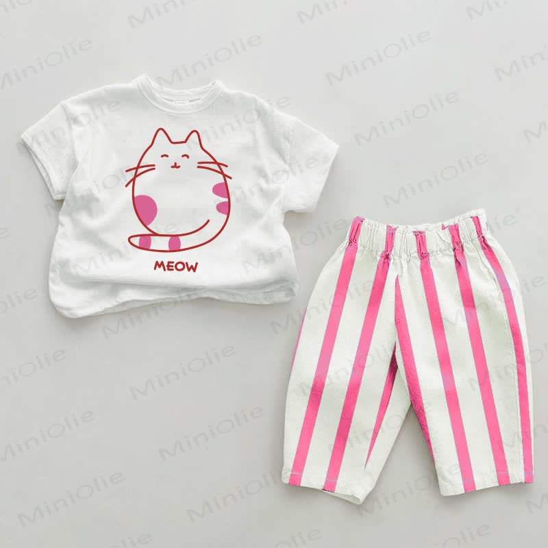 MEOW Baby Niedliches Katzen Set , Rosa, vertikal Streifen, 2-teilig - Weiß & Rosa - 2-3J - image 1