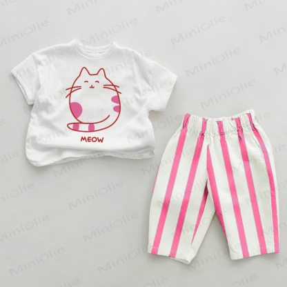MEOW Baby Niedliches Katzen Set , Rosa, vertikal Streifen, 2-teilig - Weiß & Rosa - 2-3J - image 1