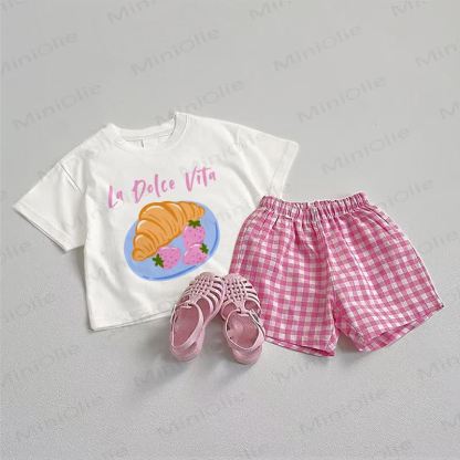 LA DOLCE VITA Baby Croissant Print T-Stück und Rosa Plaid Shorts 2-teiliges Set - Weiß & Rosa - 3-5J - image 1
