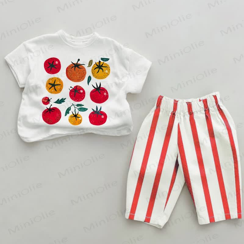 2-teiliges Set mit rotem Streifen und Baby -Tomaten-Print - Weiß & Rot - 2-3J - image 1