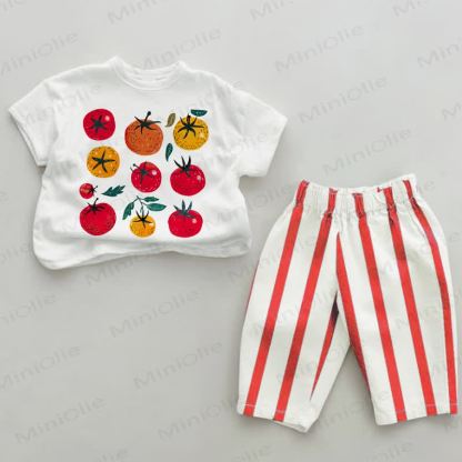 2-teiliges Set mit rotem Streifen und Baby -Tomaten-Print - Weiß & Rot - 2-3J - image 1