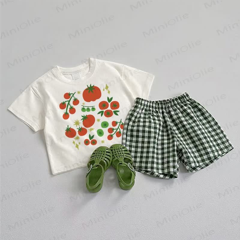 2-teiliges Set aus Baby Tomaten T-Stück und Plaid Shorts - Weiß & Grün - 3-5J - image 1