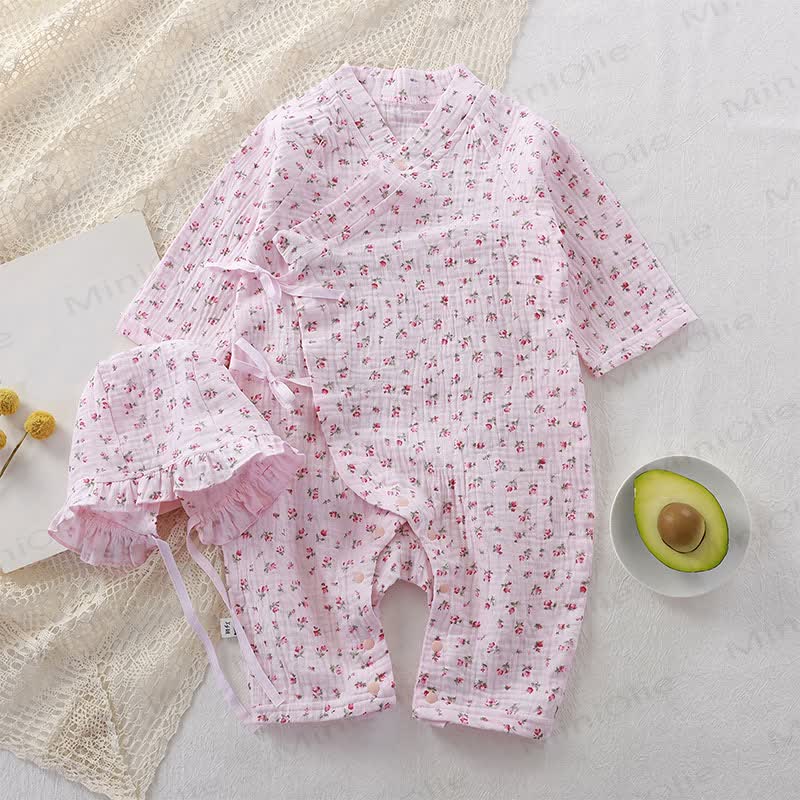 Baby / Strampler aus Blumen Gaze mit Rüschenmütze - Rosa Blumen - 18-24M - image 14