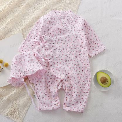 Baby / Strampler aus Blumen Gaze mit Rüschenmütze - Rosa Blumen - 18-24M - image 14
