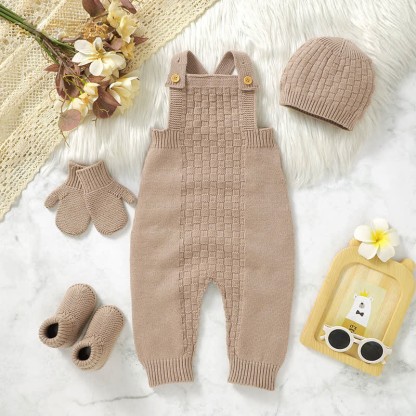 Einfarbig Stricken Strampler für Baby mit Hut , Socken und Handschuhe - Khaki - 12-18M - image 2